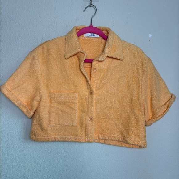 Atoir AUS The Santorini Mango Orange Terry Cloth Cropped Button Down Top S - Picture 3 of 11